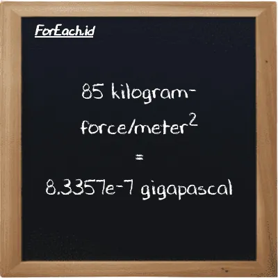 85 kilogram-force/meter<sup>2</sup> is equivalent to 8.3357e-7 gigapascal (85 kgf/m<sup>2</sup> is equivalent to 8.3357e-7 GPa)